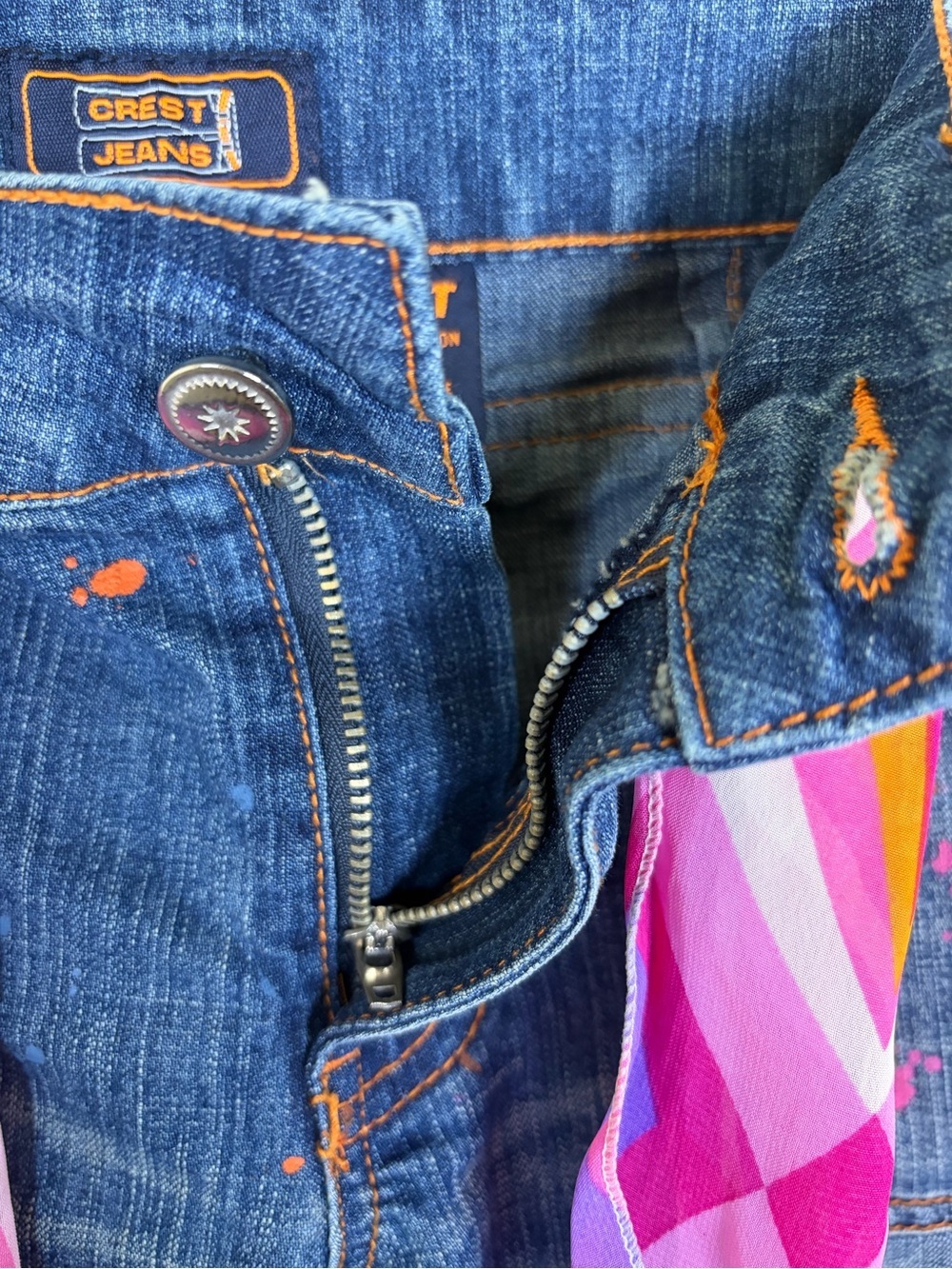 Crest Jeans Y2K Paint Splatter Flare Jeans Scarf Belt Size 11/12 - Picture 11 of 11